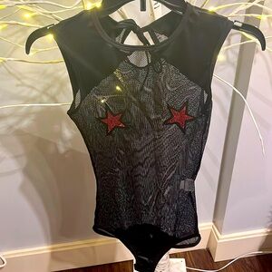 Yandy rave wear Mapale sheer black net bodysuit with built in red sequins stars